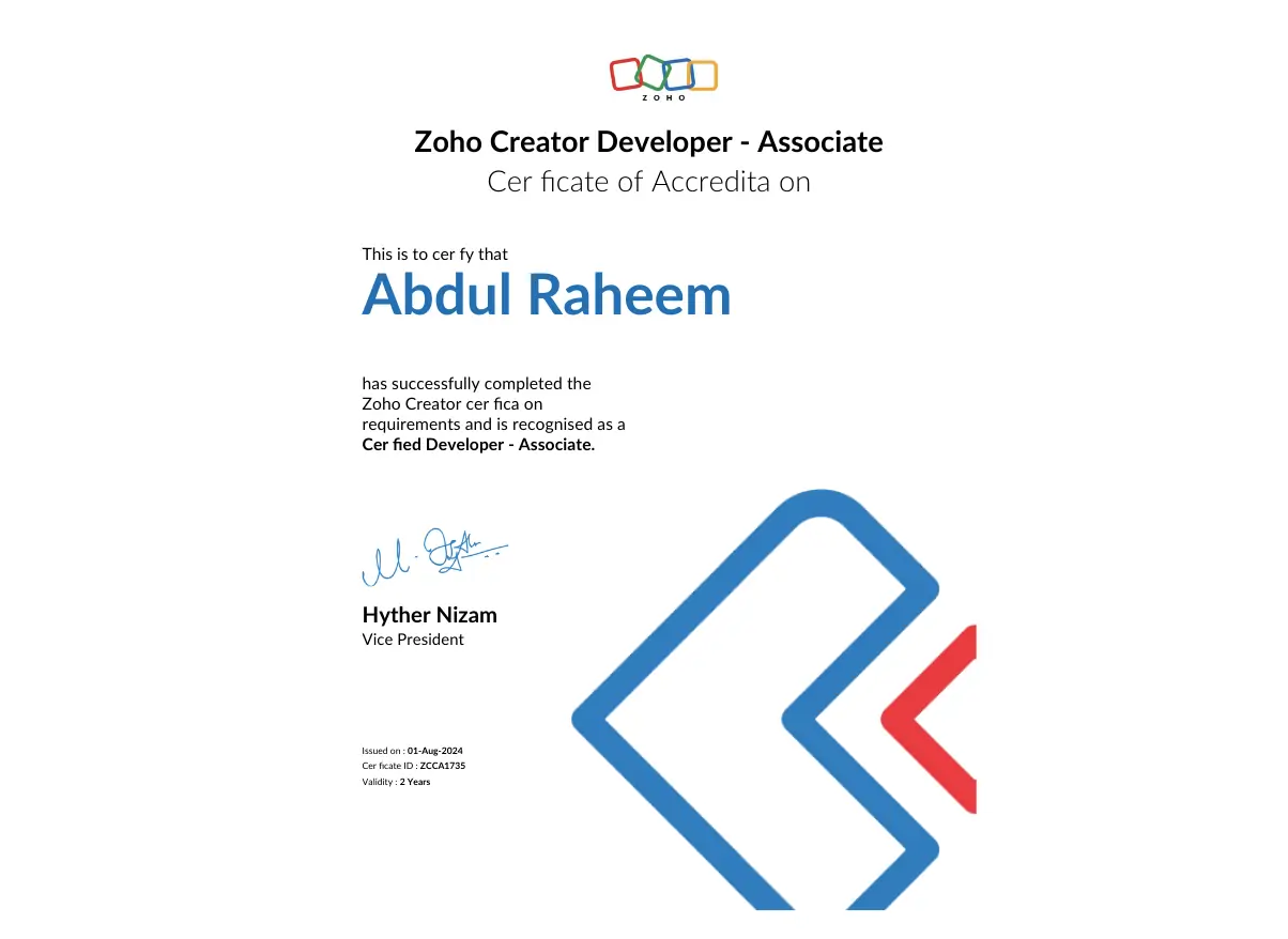 Zoho Creator certificate