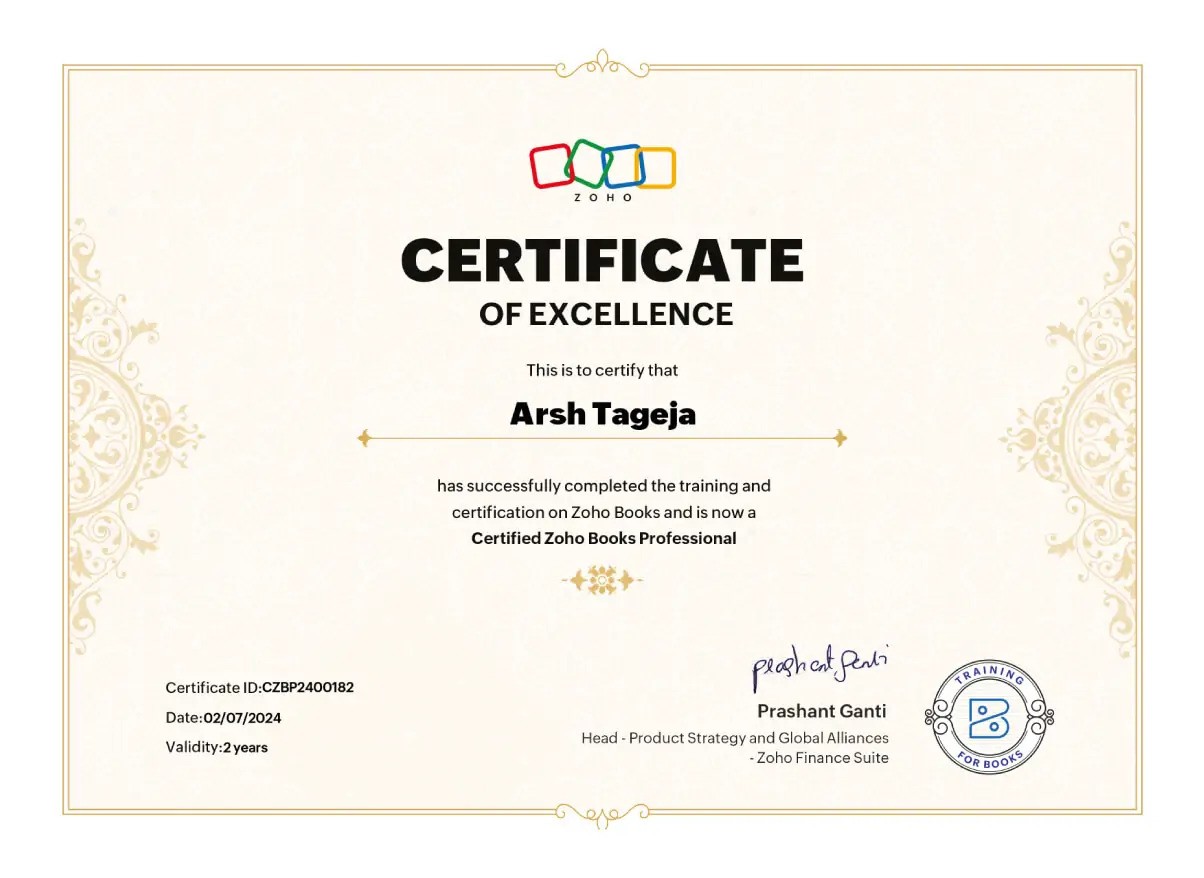 zoho certificate of excellence